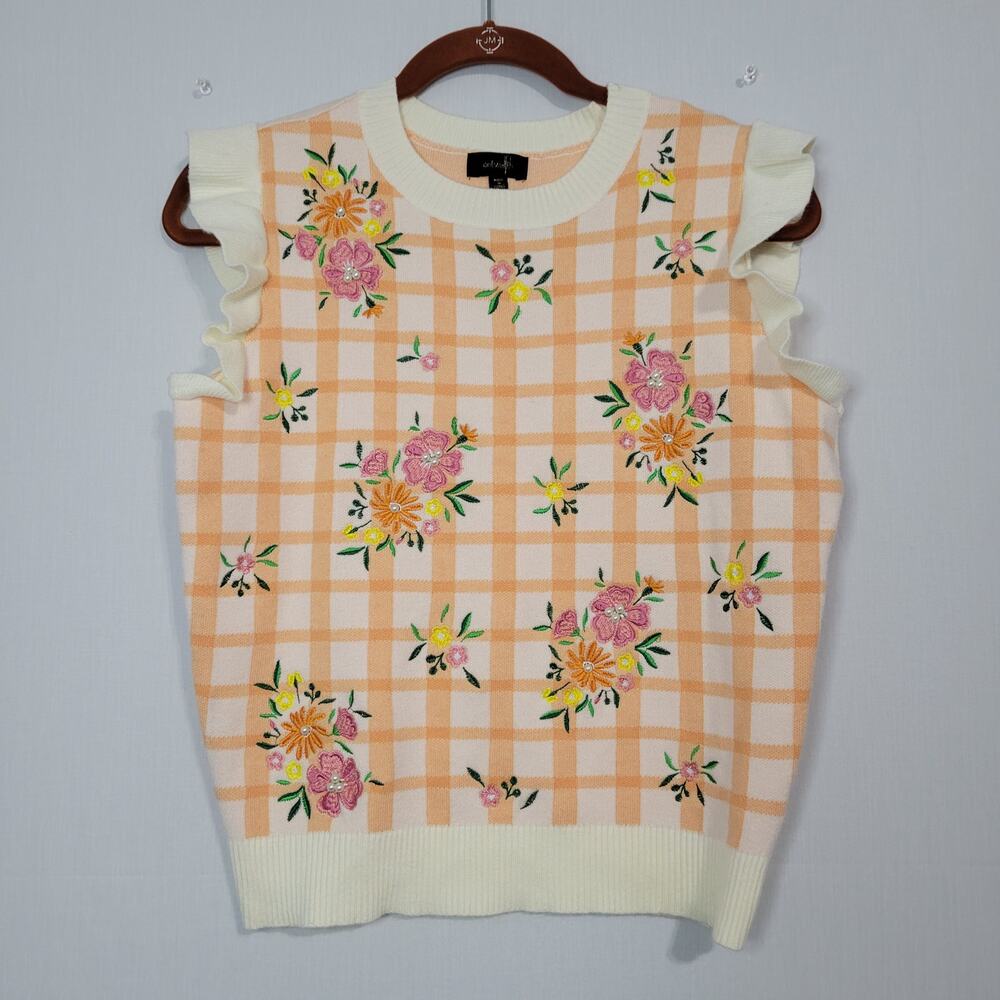 Ontwelfth floral embroidered beaded cap sleeve sweater vest top sz L multicolor